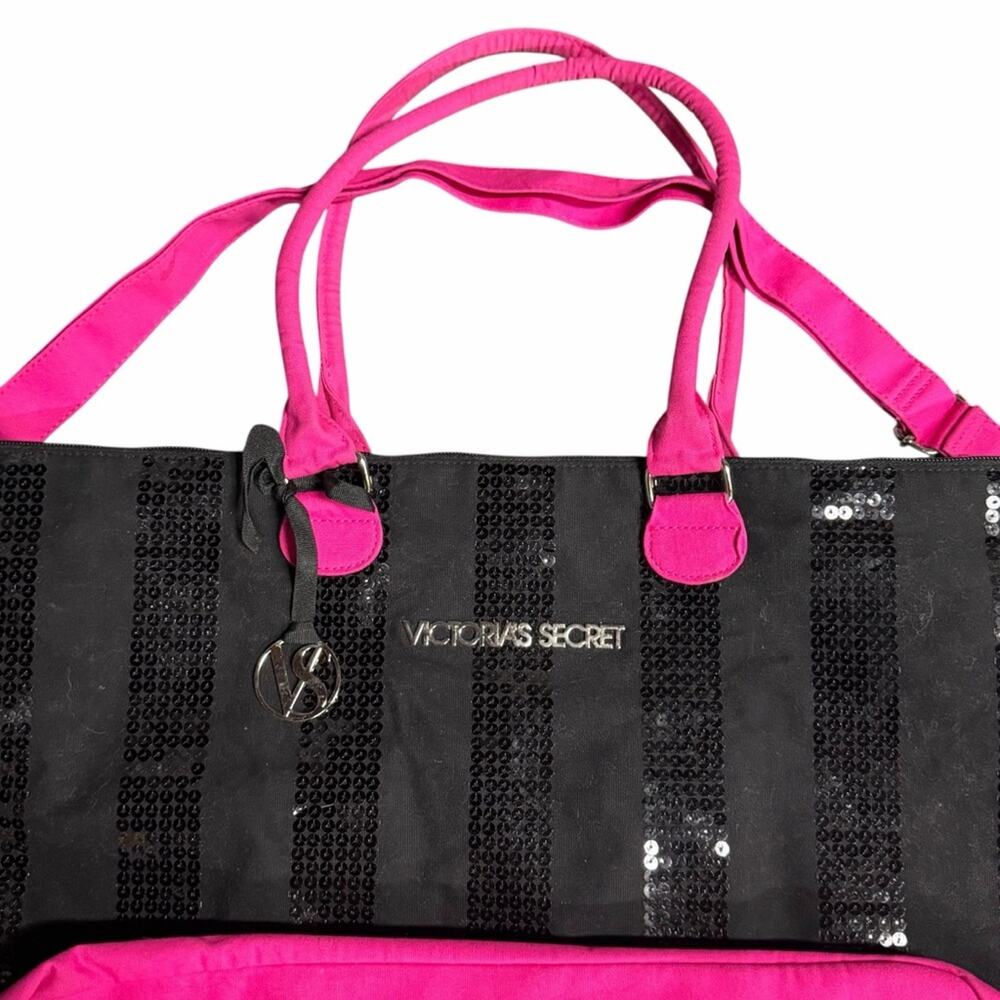 Victoria's Secret Weekender Tote Bag Black and Pink Sequins - Picture 2 of 6